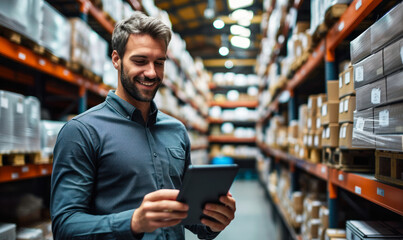 Smiling male warehouse manager using a digital tablet for inventory management in a modern storage facility, exemplifying efficient logistics and organization - obrazy, fototapety, plakaty
