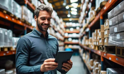 Foto op Plexiglas Smiling male warehouse manager using a digital tablet for inventory management in a modern storage facility, exemplifying efficient logistics and organization © Bartek
