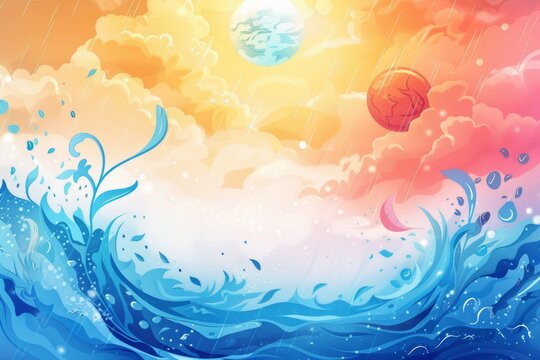 Sea landscape with clouds, sun, moon and sea waves. Abstract background for World Meteorological Day. 