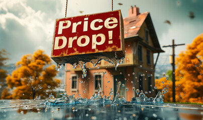 Dramatic illustration of a Price Drop! sign on a falling house, depicting a sudden decrease in real estate values in a dynamic and impactful visual metaphor