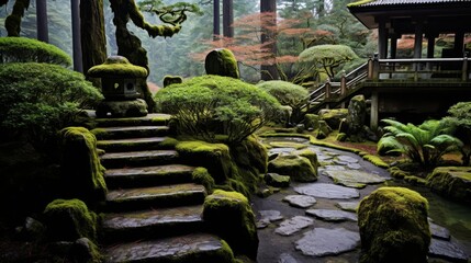 Tranquil japanese garden with manicured bonsai trees, koi ponds, and stone pathways