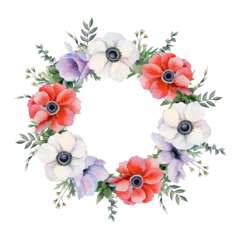 Fototapete Blumen Red, white and purple field flowers and herbs round wreath frame watercolor isolated illustration. Anemones poppies with eucalyptus template for greeting cards, logos, spring wedding invitations