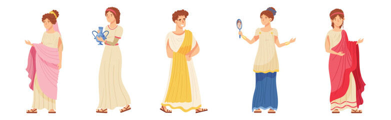 Ancient Roman People Character in Traditional Garment Vector Set