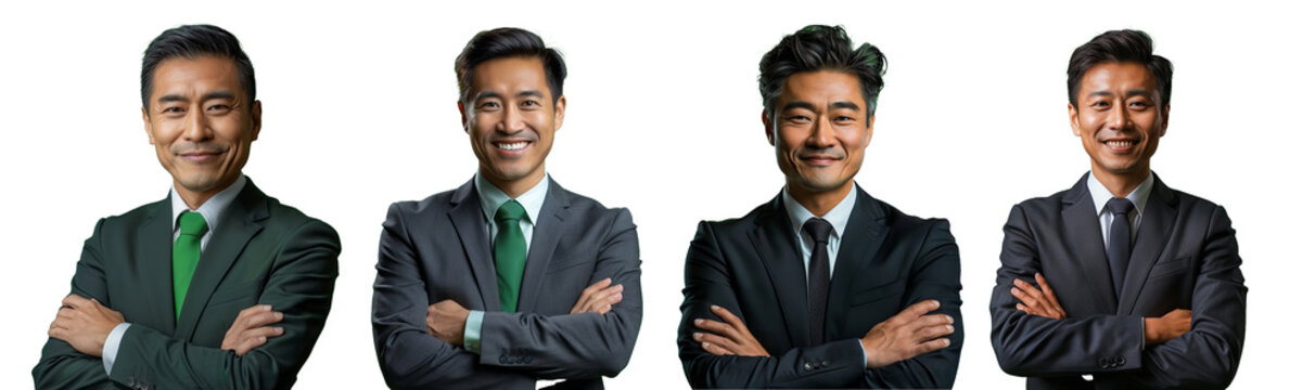 Smiling asian businessman with crossed arms isolated in transparent background, pictures collection