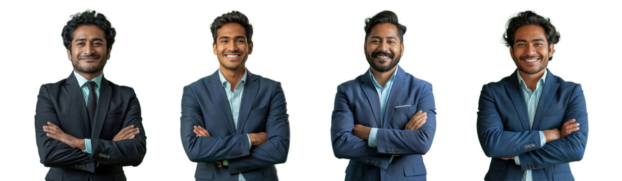 Smiling indian businessman with crossed arms isolated in transparent background, pictures collection