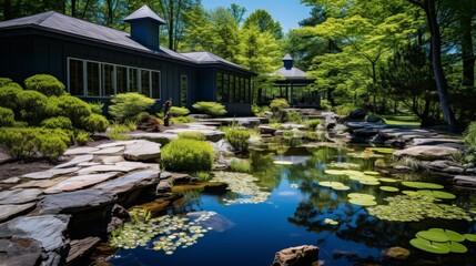 Japanese garden featuring bonsai trees, koi ponds, and stone pathways for a tranquil ambiance.