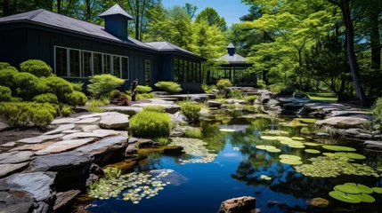 Fotobehang Japanese garden featuring bonsai trees, koi ponds, and stone pathways for a tranquil ambiance. © Philipp
