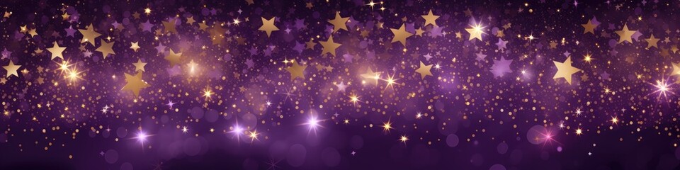 Fototapeta na wymiar Shiny particles of golden color in the shape of stars on a purple background. Glowing sparks, festive background, greeting card. Mysterious and mystical background.