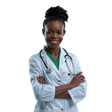 Smiling afro american female doctor with crossed arms, isolated transparent background