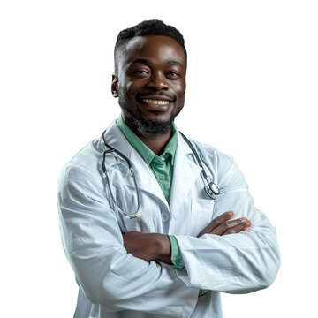 Smiling afro american male doctor with crossed arms, isolated transparent background