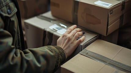 Close-up of a hand delivering a cardboard package in a warehouse setting.