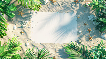Summer beach concept with sand, palm leaves, seashells, starfish, sunglasses, and a straw hat.