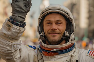 Radiance of happiness: happy astronaut waving his hand, radiating joy and delight