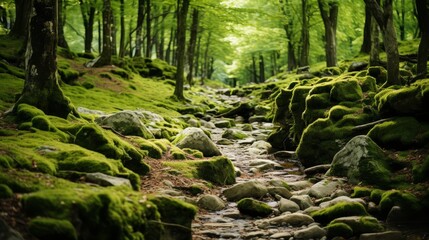 Tranquil forest glade with sunlight filtering through canopy and moss covered path - obrazy, fototapety, plakaty