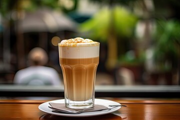 Fresh Latte Espuma in Outdoor Cafe, Cappuccino in Coffeeshop City Street View, Milk Coffee