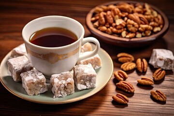 Rahat Lokum, Traditional Turkish Delight Lokum with Hazelnuts, Sweet Arabic Dessert and Coffee Cup