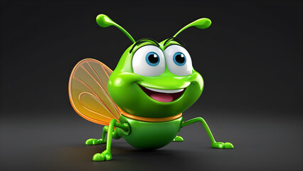 cartoon character with happy face funny grasshopper on black background. green grasshopper on black background