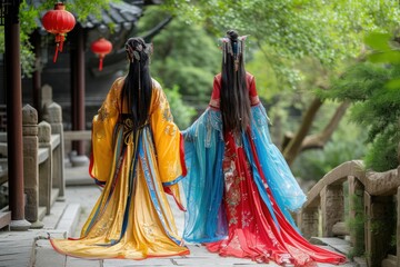 Two Chinese Girls in Traditional Outfits: The Charm of Oriental Culture and the Grace of a Walk in the Park