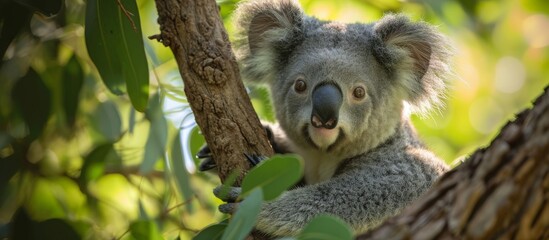 Naklejka premium Adorable Koala Resting Peacefully in a Eucalyptus Tree - Finding Serenity in Nature