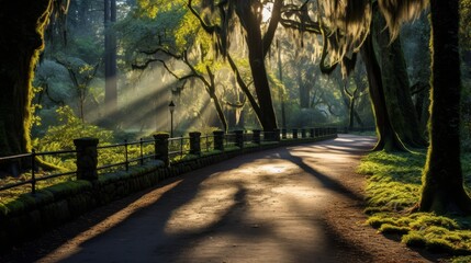 Peaceful forest glade with sunlight filtering through canopy onto moss covered path - obrazy, fototapety, plakaty