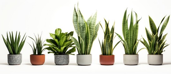A neat row of various Sansevieria plants arranged in individual pots, sitting closely next to each other. The plants display different shapes and sizes of leaves, creating a visually appealing green