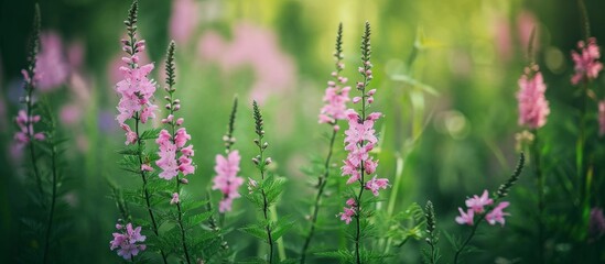 A vibrant field of magenta flowers growing in the lush grassland, creating a beautiful meadow of groundcover plants.