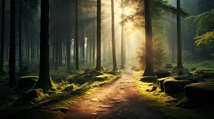 Tuinposter Tranquil forest glade with sunlight filtering through canopy, illuminating moss covered path © Philipp
