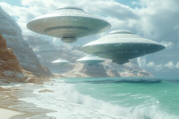 Obraz premium Imposing spaceships: flying saucers or ships from the future, striking with the accuracy of detail and realism of the simulation