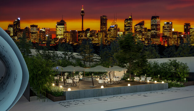Outdoor Patio Restaurant Illuminated by City Skyline of Sidney - 3D Visualization