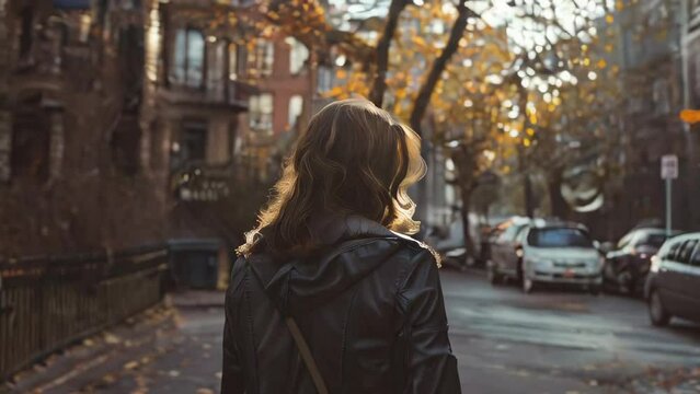 Young woman with long hair in a black leather jacket on the background of the autumn city.