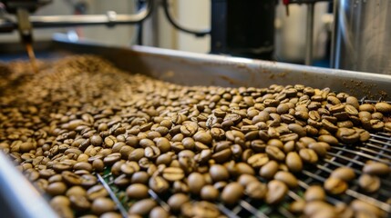Close-up of richly roasted coffee beans cooling on wire tray with roaster in the background.