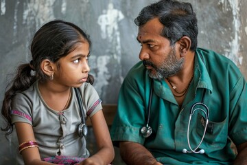 A 13 year old indian girl playing with stethoscope sitting in a local Andhra Pradesh medical clinic sitting beside her 35 year old father wearing lungi and plain green shirt - obrazy, fototapety, plakaty