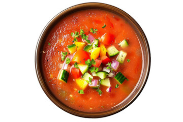 Spanish gazpacho soup with tomatoes, cucumbers, bell peppers, onions, garlic, and olive oil in a refreshing chilled broth.