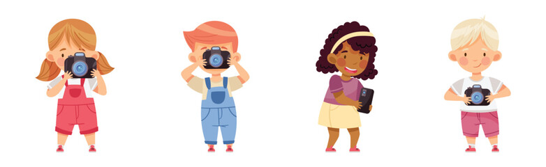 Cute Little Boy and Girl with Camera Taking Photo Vector Set