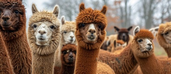 Fototapeta premium A Herd of Playful Alda Alpacas in a Lush Meadow - Adorable Alpaca Farm Animals