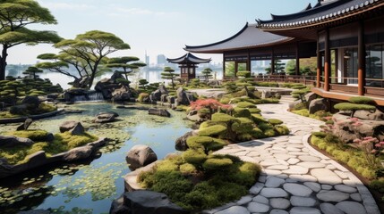 Serene japanese garden with pruned bonsai trees, koi ponds, and stone paths in traditional setting