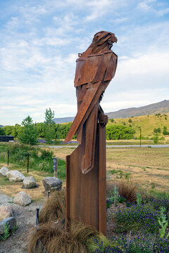 Cardrona, New Zealand - 13 December, 2023: A sculpture of the Karearea, a falcon endemic to New Zealand, stands publicly in Cardrona Valley, South Island, framed by nature.