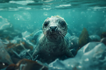 Fototapeta premium Marine animals that must face environmental disasters Garbage and plastic in the sea