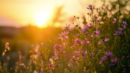serene view of purple wildflowers basking in the warm glow of a setting sun in a tranquil countryside field - Nature background - Generative AI