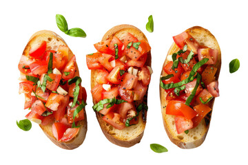 top view of Italian bruschetta with toasted bread topped with diced tomatoes, garlic, basil, and olive oil.