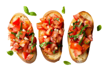 top view of Italian bruschetta with toasted bread topped with diced tomatoes, garlic, basil, and olive oil.