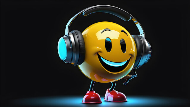 a cartoon character with a happy face and funny head phone music icon on black background.