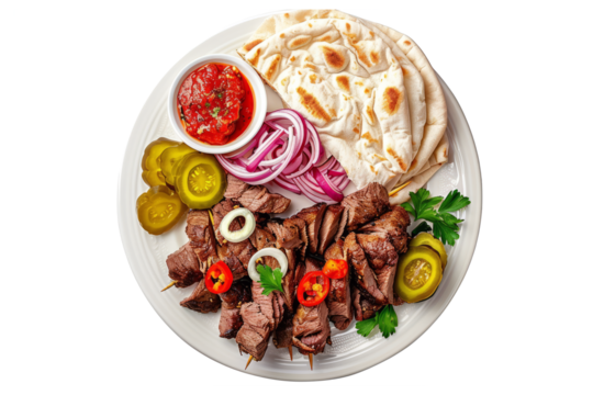 top view of a Lebanese shawarma plate, featuring thinly sliced marinated meat (usually lamb, beef, or chicken), served with garlic sauce, pickles, and flatbread.