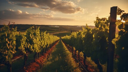 Golden vineyard with rows of grapevines under the sun, promising the rich flavors of fine wine.
