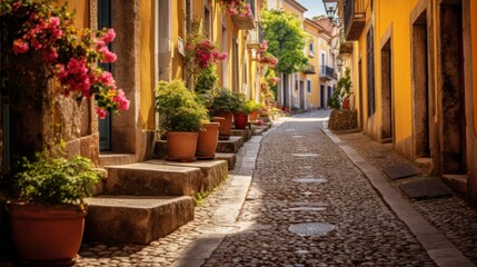 Fototapeta na wymiar Charming countryside village with colorful flowers, cottages, and cobblestone streets