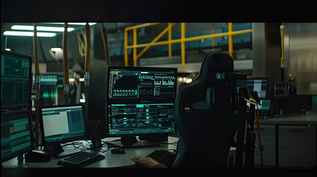 A man is seated in front of two computer monitors, appearing focused on the screens. He seems engaged in work or entertainment on the devices