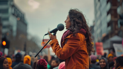 A woman confidently addresses a large crowd, speaking into a microphone with passion and conviction