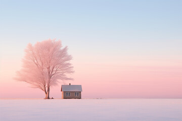 Solitary House and Tree in Snow at Twilight