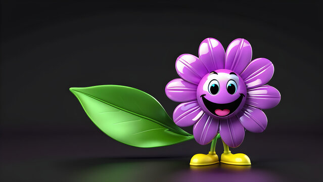 a cartoon character with happy face funny lilac flower on black background