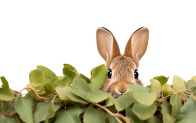 Cute Rabbit Peeking Out from Behind a Bush Isolated on Transparent Background PNG.